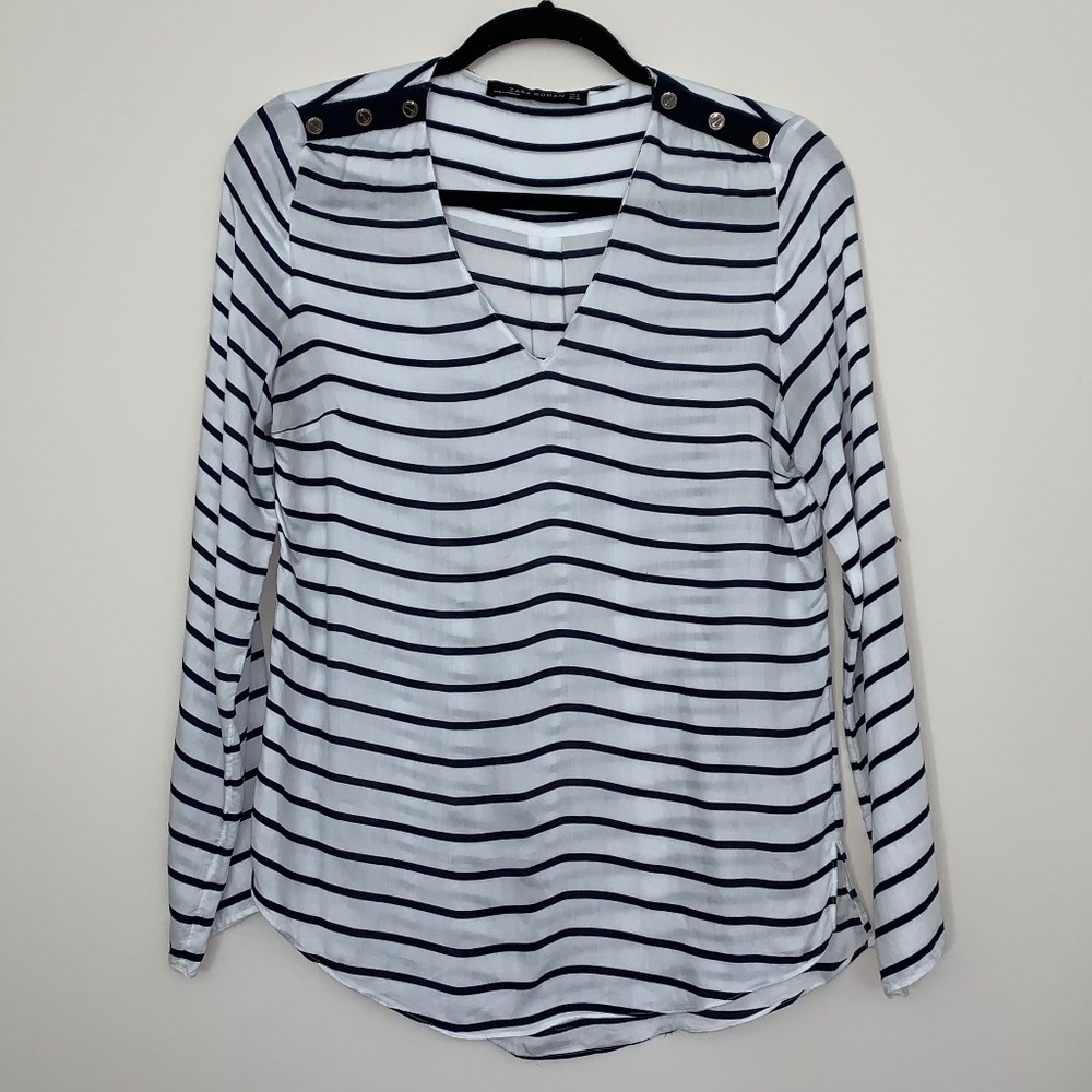 Zara Navy and White Striped Long Sleeve Top S
